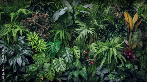 Vertical garden with tropical green leaf  contrast ai generated