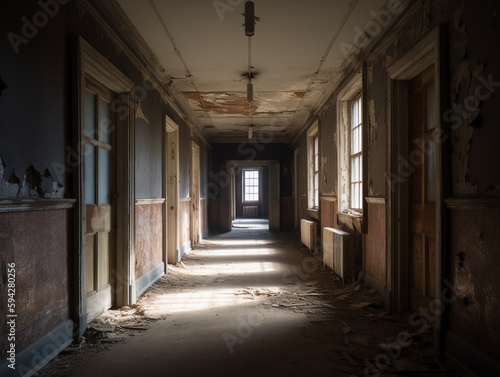 Abandoned haunted asylum interior, ai generative