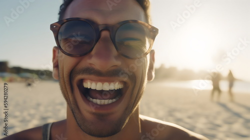 happy selfie of solo traveller man wearing sunglasses on the beach, made with generative ai