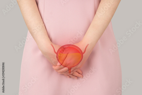 Bladder with urine illustration on female body against gray background. Woman have bladder problems include urinary tract infections, urinary incontinence or urinary retention. Human urinary system. photo