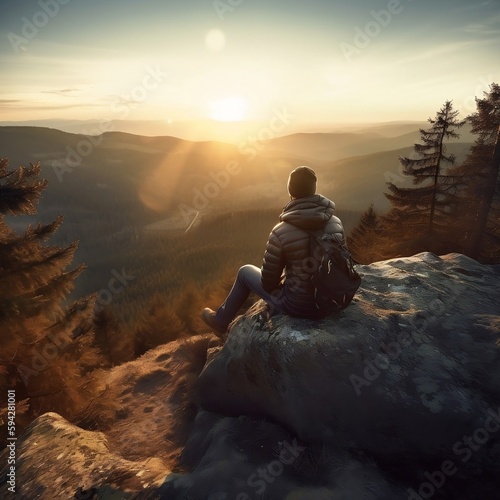 a person sitting on a rock at sunrise