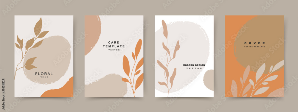 Abstract trendy backgrounds with organic shapes and minimal flower elements. Editable vector template in warm colors for wedding invitation, social media, banner, advertisement, card, cover, poster