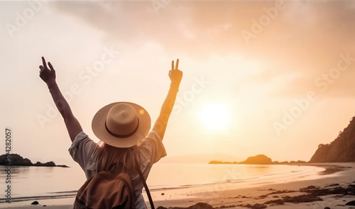 Happy women wearing hat and backpack raising arms up, beach sunset. Celebration, life, vacations.