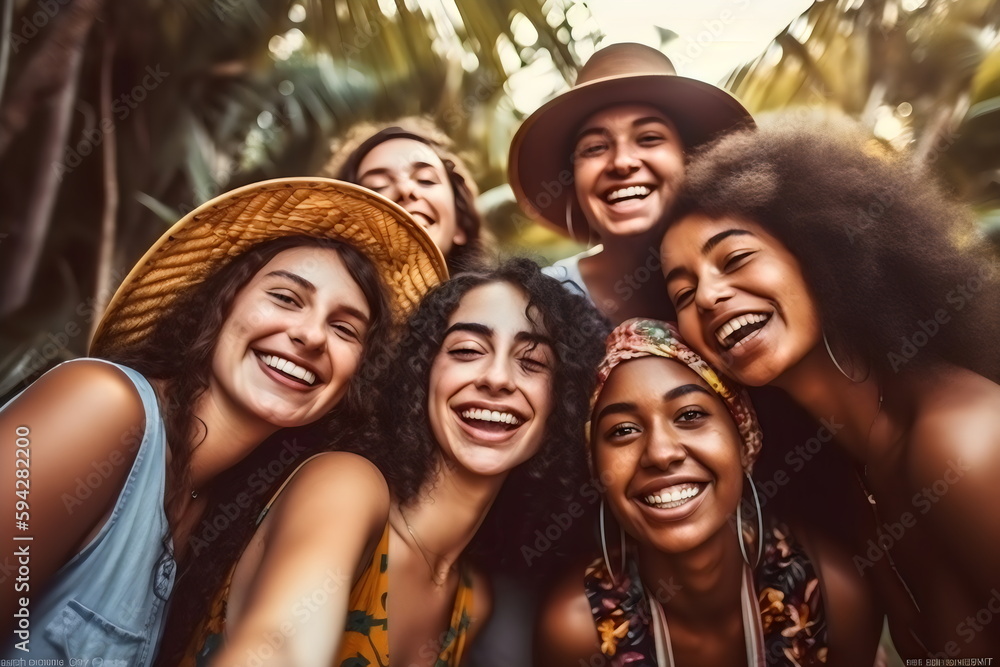 happy selfie of group of friends in exotic tropical location, made with generative ai happy selfie of group of friends in exotic tropical location, made with generative ai