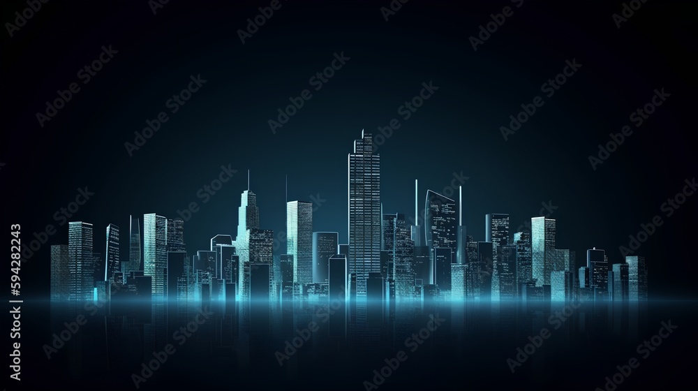 An isolated smart city on a dark blue background, featuring intelligent infrastructure. This futuristic cityscape showcases IoT, 5G and AI integration with copy space for added context. Generative AI