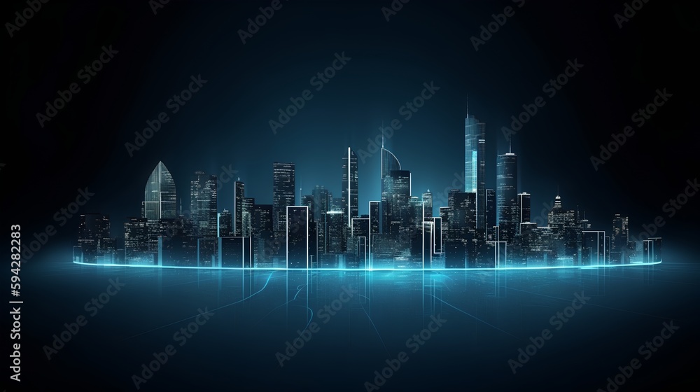 An isolated smart city on a dark blue background, featuring intelligent infrastructure. This futuristic cityscape showcases IoT, 5G and AI integration with copy space for added context. Generative AI An isolated smart city on a dark blue background, featuring intelligent infrastructure. This futuristic cityscape showcases IoT, 5G and AI integration with copy space for added context. Generative AI