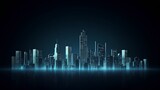 An isolated smart city on a dark blue background, featuring intelligent infrastructure. This futuristic cityscape showcases IoT, 5G and AI integration with copy space for added context. Generative AI
