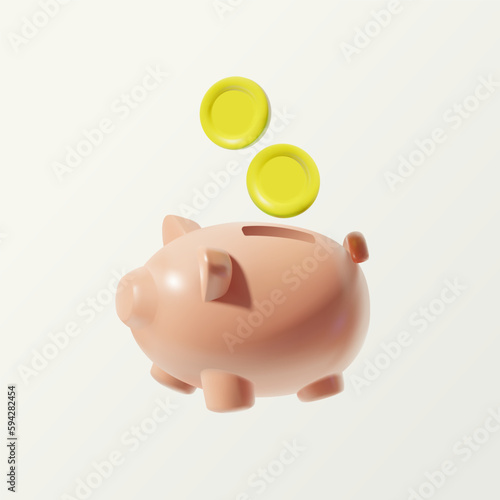 3D piggy bank with coin isolated on white background.