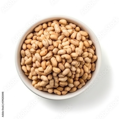 Peanuts in white bowl, isolated on white background. Ingredient, recipe, dessert, nuts.