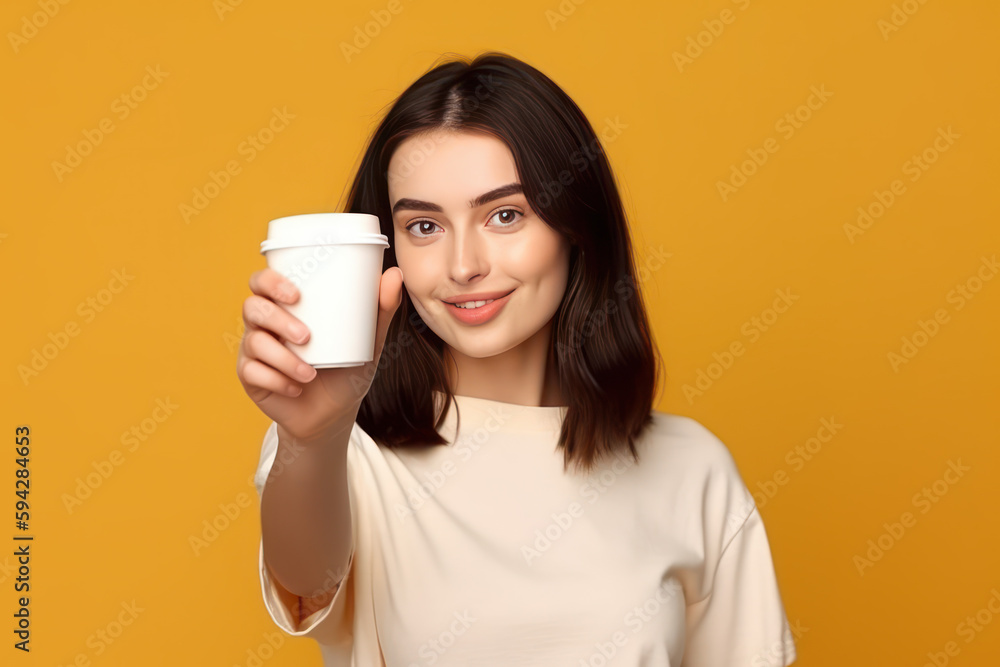 Mockup of young woman holding disposable paper Coffee cup on yellow background. Mockup of young woman holding disposable paper Coffee cup on yellow background.