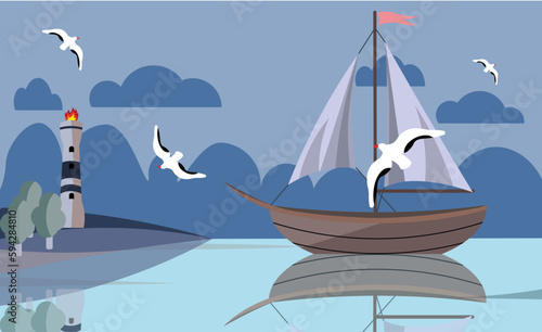 Lake with empty boat with blue background, lighthouse and seagulls

