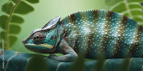 A chameleon seamlessly blending into a geometric-patterned background, showcasing its impressive camouflage abilities, concept of Adaptability, created with Generative AI technology