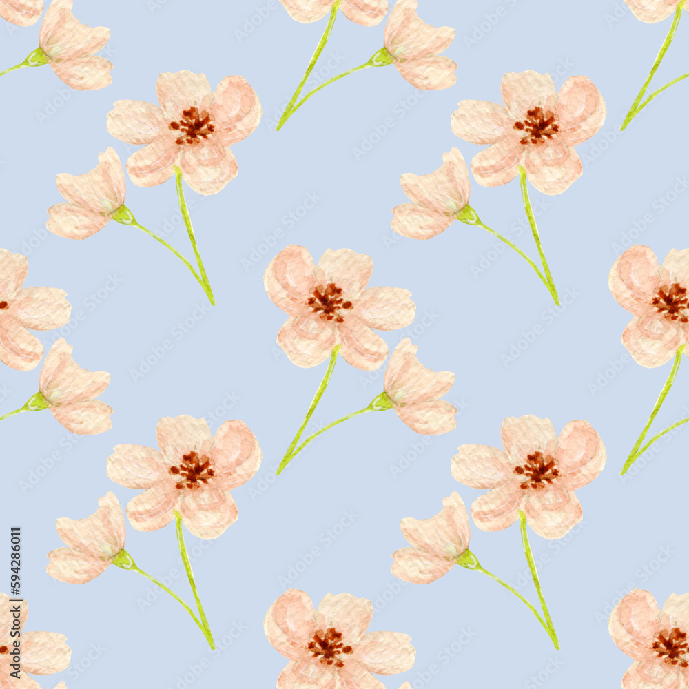 Fototapeta premium Watercolor seamless pattern, cherry blooming on blue background. Pattern for paper, fabric, various food products etc.