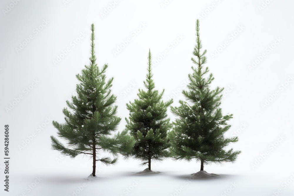 Coniferous Trees On White Background. Christmas Eve. Generative AI