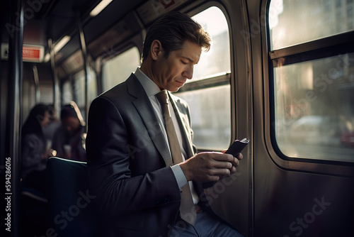 A fictional person. Confident businessman commuting to work on train