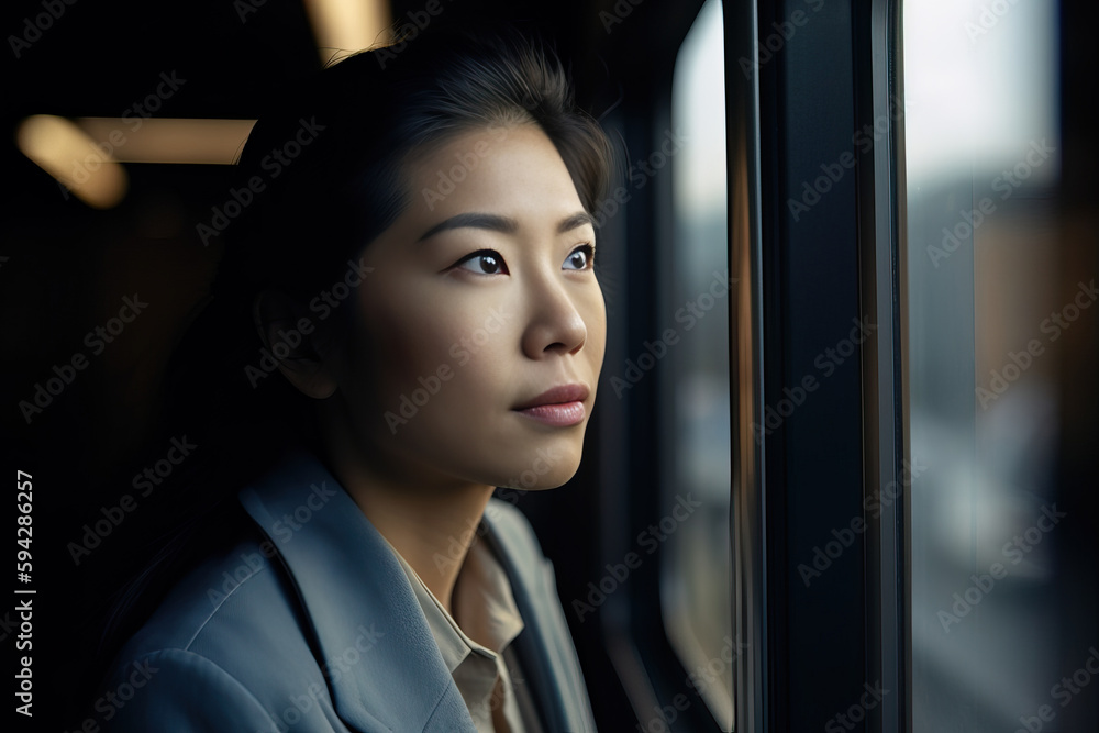 A fictional person. Confident Businesswoman Commuting on a Busy Train A fictional person. Confident Businesswoman Commuting on a Busy Train
