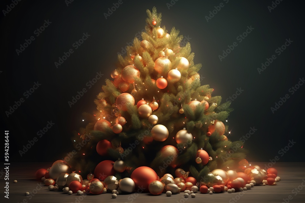3d Illustration Of Christmas Tree With Baubles. Christmas Eve. Generative AI