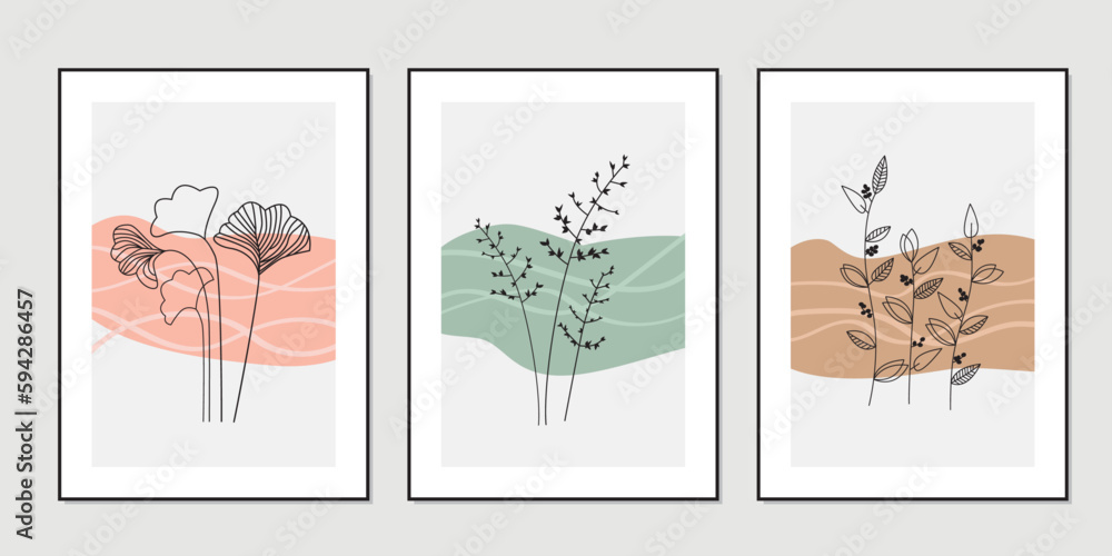 Botanical wall art vector set. boho Foliage line art drawing with ...
