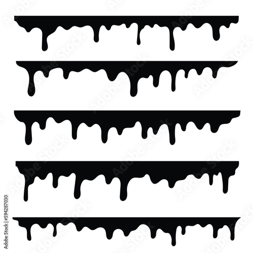 Black melting drips paint collection. melt drips paint abstract liquid vector elements. border and drips ink set