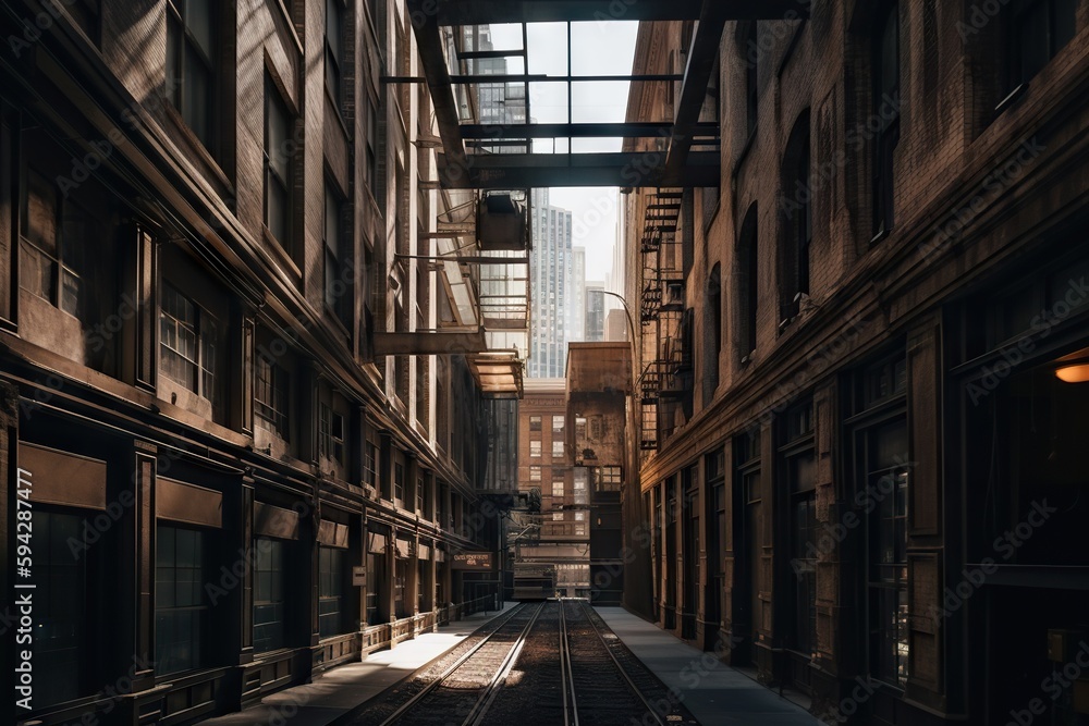 A Narrow Alley With A Train Track Running Through It And A Building With A Glass Roof City Alleyway Fine Art Photography Industrial Photography Generative AI
