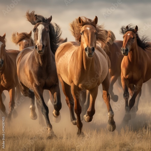 A flock of horses runing in a empty land ai  ai generative  illustration