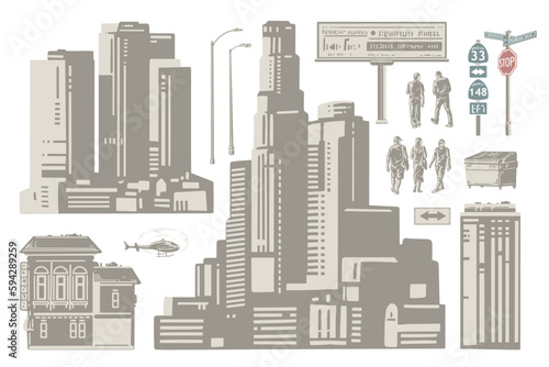 Modern city set elements monochrome