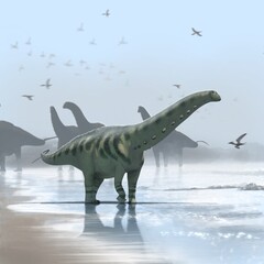 Poster Dinosaurus Apatosaurus op prehistorisch strand  © Ruben