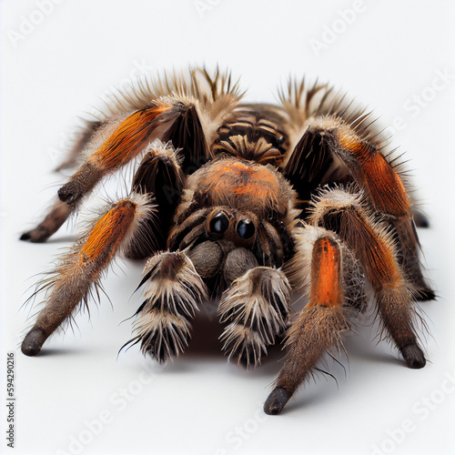 close-up of a tarantula's face showing its eyes and fangs on a white background