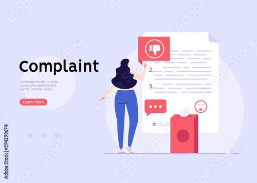 User filling complaint form. Client giving negative feedback at rating scale. Concept of bad review, negative feedback, complaint, dislike. Bad user experience. Vector illustration flat design