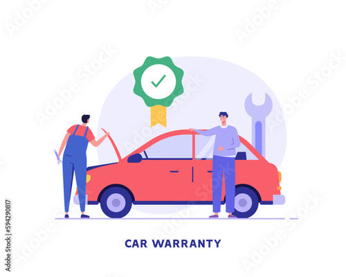Car warranty service illustration. Auto warranty covers repair of vehicle. Car insurance, assurance coverage. Free car repair and maintenance. Vector flat cartoon design for web banners, UI
