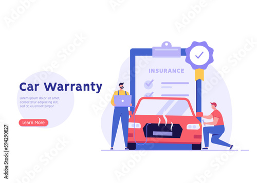 Car warranty service illustration. Auto warranty covers repair of vehicle. Car insurance, assurance coverage. Free car repair and maintenance. Vector flat cartoon design for web banners, UI