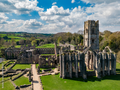 Aerial view of Fountains Abbey near Ripon in North Yorkshire in the northeast of England