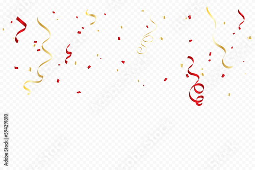 Red And Gold Confetti And Ribbon Falling On Transparent Background. Celebration, Happy Birthday. Vector Illustration