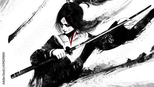 A beautiful Japanese samurai woman with a long katana in her hands moves smoothly forward like a goddess, she is wearing a kimono, long black hairs. clean looped 2d animated art 