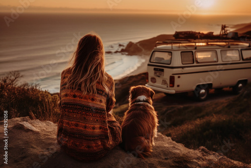 girl is sitting on a hill with her dog and looking at the ocean sunset beside her camper. generative ai