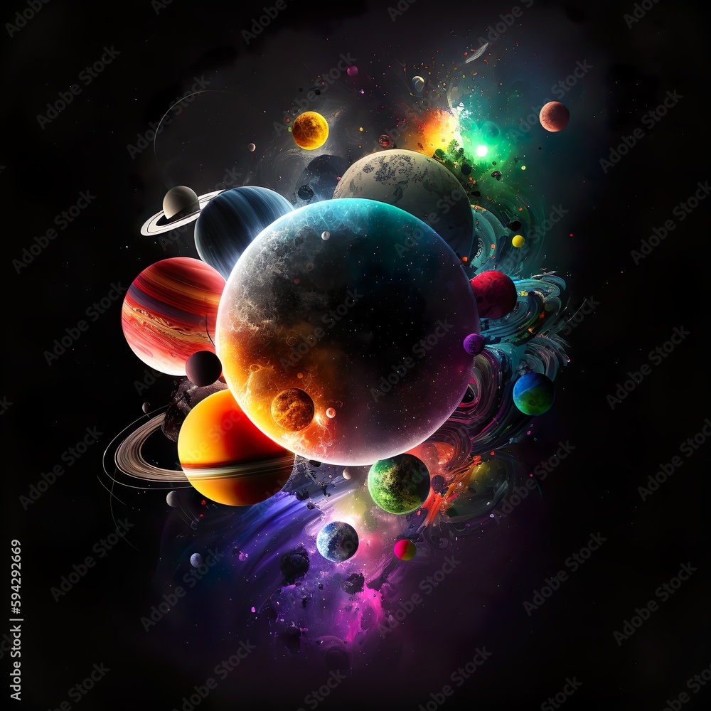 Galaxie mit farbenfrohen Planeten - obrazy, fototapety, plakaty 