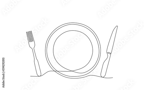 One continuous line drawing of fork, knife and plate top view. Single line drawing of food tools for restaurant menu, poster or banner in simple linear style. Sketch. Minimalist vector illustration