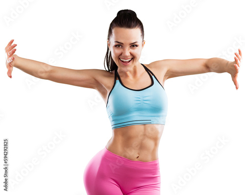 Fit young woman fighting off, push something