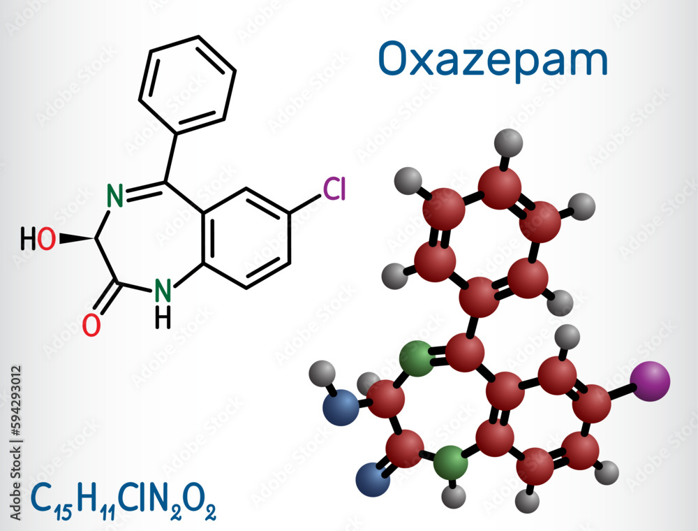 Oxazepam molecule. It is benzodiazepine used to treat panic disorders