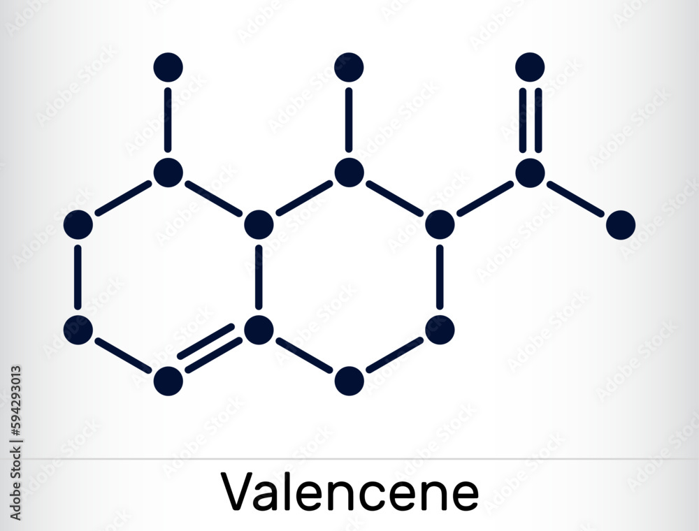 Valencene molecule. It is carbobicyclic compound, sesquiterpene, aroma component of citrus fruit. Skeletal chemical formula Valencene molecule. It is carbobicyclic compound, sesquiterpene, aroma component of citrus fruit. Skeletal chemical formula