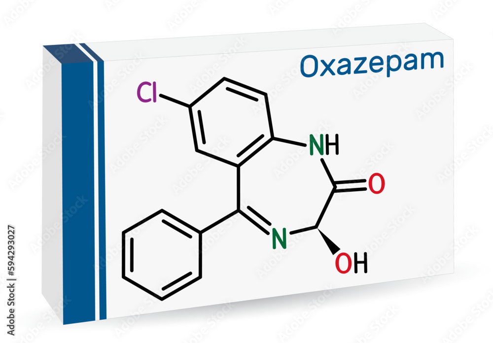 Oxazepam molecule. It is benzodiazepine used to treat panic disorders, severe anxiety, insomnia. Skeletal chemical formula. Paper packaging for drugs. Oxazepam molecule. It is benzodiazepine used to treat panic disorders, severe anxiety, insomnia. Skeletal chemical formula. Paper packaging for drugs.