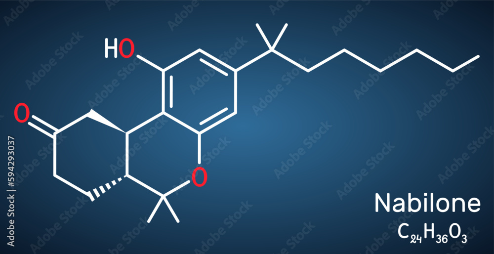 Nabilone molecule. It is synthetic cannabinoid, used as antiemetic drug. Structural chemical formula on the dark blue background Nabilone molecule. It is synthetic cannabinoid, used as antiemetic drug. Structural chemical formula on the dark blue background