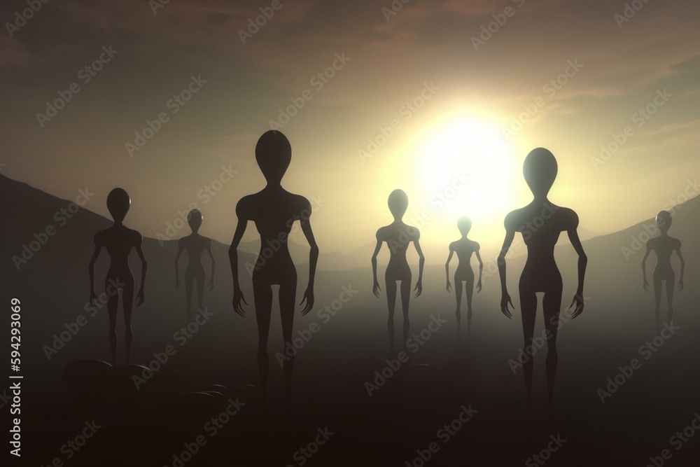 Spooky silhouettes of aliens and bright light in background. 3D rendered illustration. Generative AI