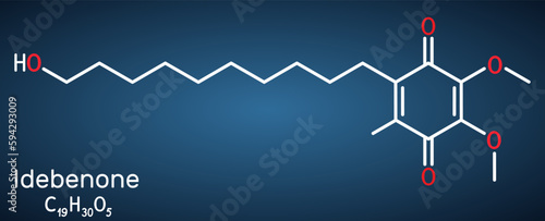 Idebenone molecule. It is antioxidant, ferroptosis inhibitor, synthetic analog of coenzyme Q10, used for Alzheimer disease. Structural chemical formula on the dark blue background.
