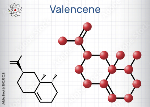 Valencene molecule. It is carbobicyclic compound, sesquiterpene, aroma component of citrus fruit. Structural chemical formula, molecule model. Sheet of paper in a cage