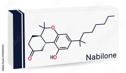 Nabilone molecule. It is synthetic cannabinoid, used as antiemetic drug. Skeletal chemical formula. Paper packaging for drugs