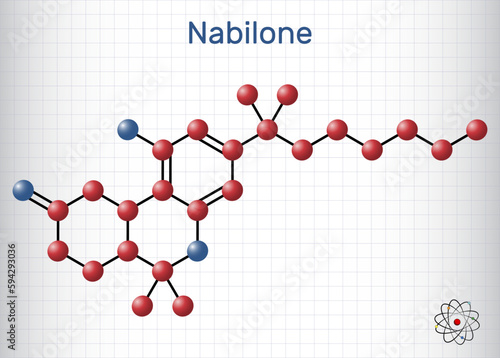 Nabilone molecule. It is synthetic cannabinoid, used as antiemetic drug. Structural chemical formula and molecule model. Sheet of paper in a cage