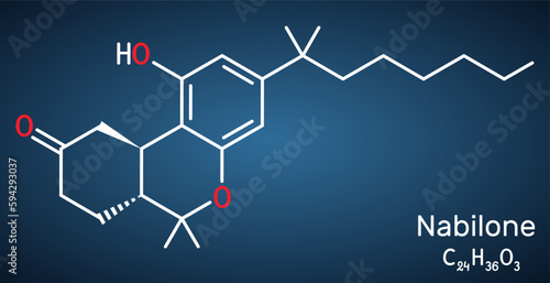Nabilone molecule. It is synthetic cannabinoid, used as antiemetic drug. Structural chemical formula on the dark blue background