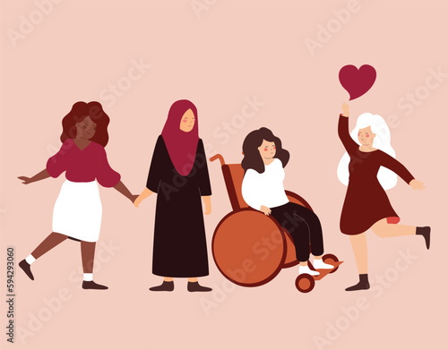 Group of women from different ethnicity support woman with disability in the wheelchair. Feminism community hold hands together. Concept of social psychological help for people with mobility problems