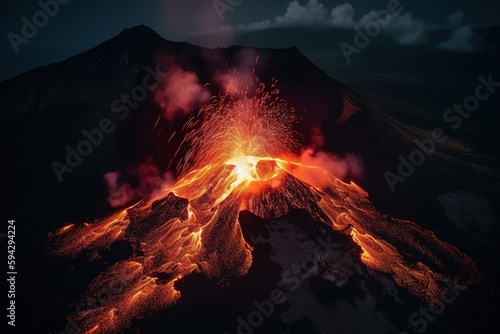 Night eruption of the volcano of fire. Generative Ai